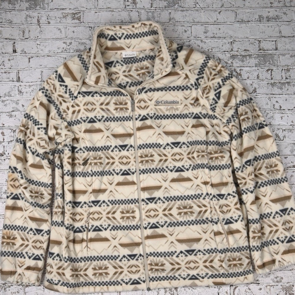Columbia Aztec Full Zip Fleece Jacket Womens 2XL Beige Printed Regular Fit